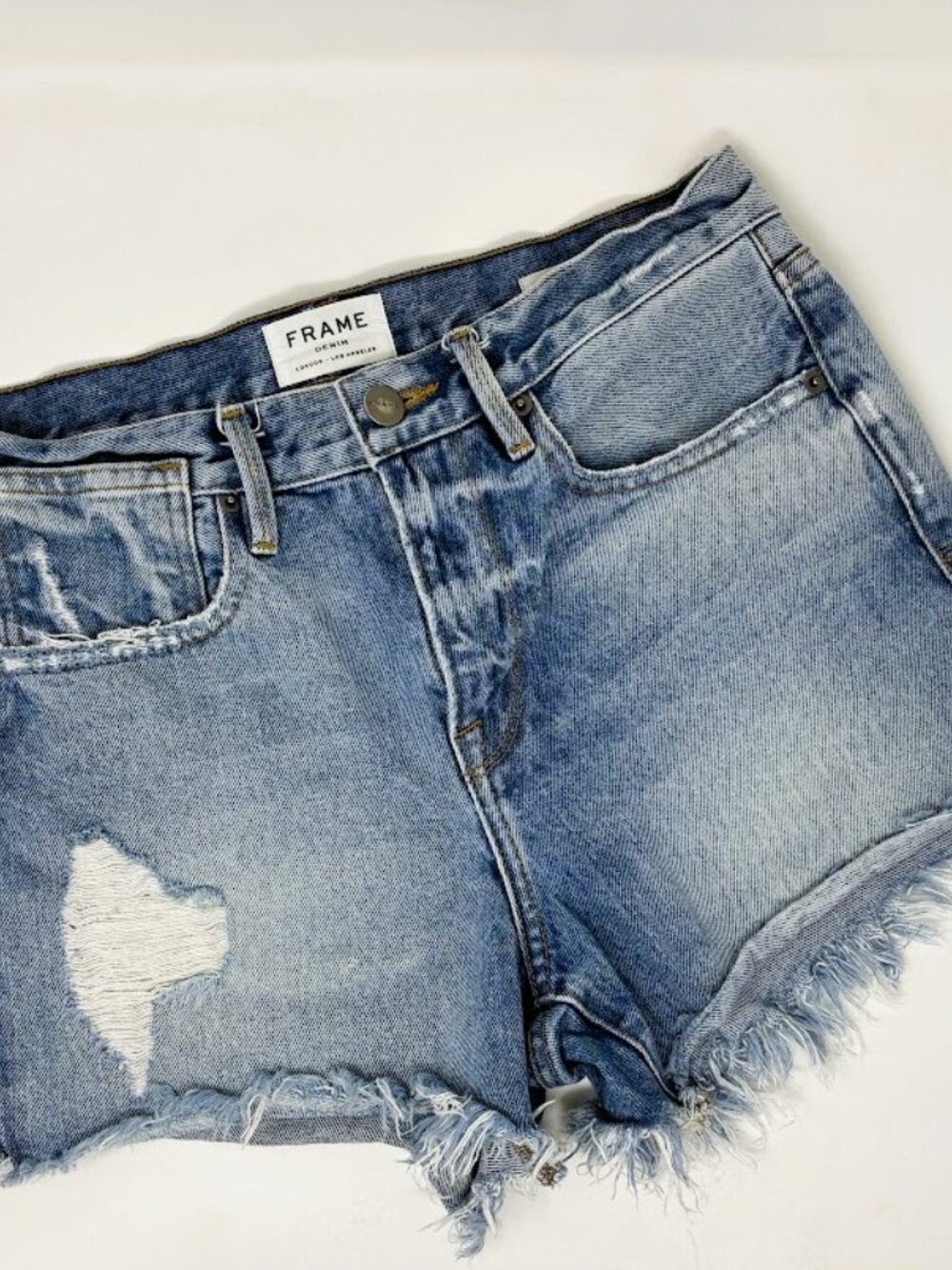 FRAME Denim Le Stevie Short Distressed Raw Hem Jean Shorts Light Wash Size 25